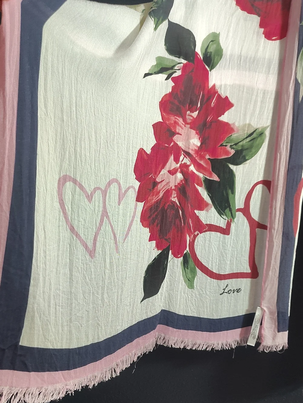 Talbots Pink, White & Navy Modal Lightweight Rose Heart Love Scarf with Fringe